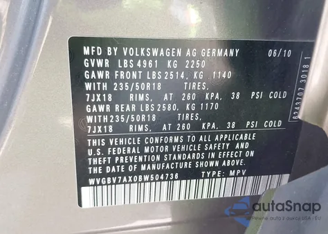 2011 Volkswagen Tiguan Se из США, поврежденный, VIN WVGBV7AX0BW504736